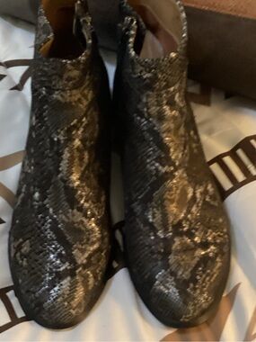 Snake-Print Metallic Ankle Booties in Brown